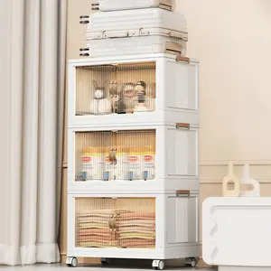 Classic 3Pcs Foldable Storage Bins with Lid Front Magnetic Door Collapsible Stackable Closet Organizer Containers with 4Pcs 360° Rotatable Wheels 8Pcs Small Wheels Easy Storage Solution