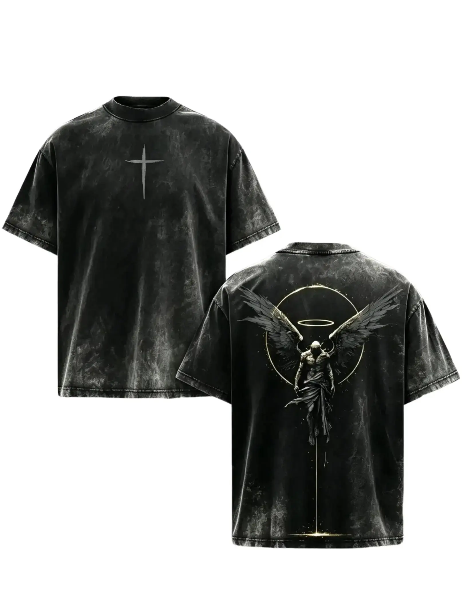 Men's Oversized Drop Shoulder Fallen Angel Cross Graphic Tee - Vintage Washed Black, Heavyweight Cotton, Retro Goth Grunge Seraphim Merch, Machine Wash, Alt Summer Outfits (July 2026 Drop), Drop Shoulders
