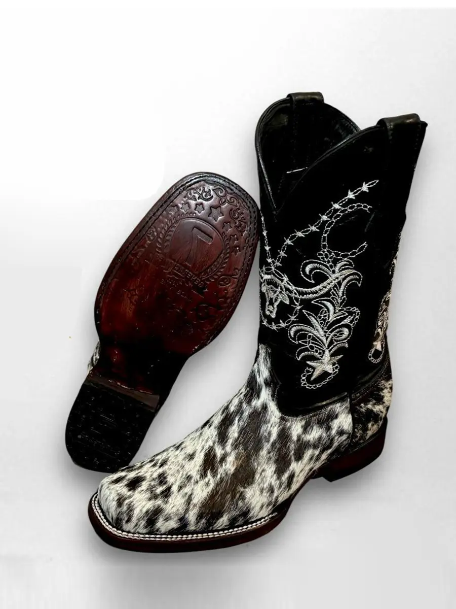 Men's Cowhide Leather Closed Mid-Calf Boots - Western Elegance, Cowboy Aesthetic, True To Size, All-Season Footwear with Unique Decor Features, Cow Print, Rodeo Outfit Inspo