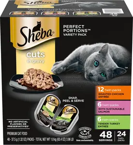 Perfect Portions Wet Cat Food Cuts in Gravy Variety Pack, Roasted Chicken Entree, with Sustainable Salmon, and Tender Turkey Entree, 2.6 oz. Twin-Pack Trays (24 Count, 48 Servings)
