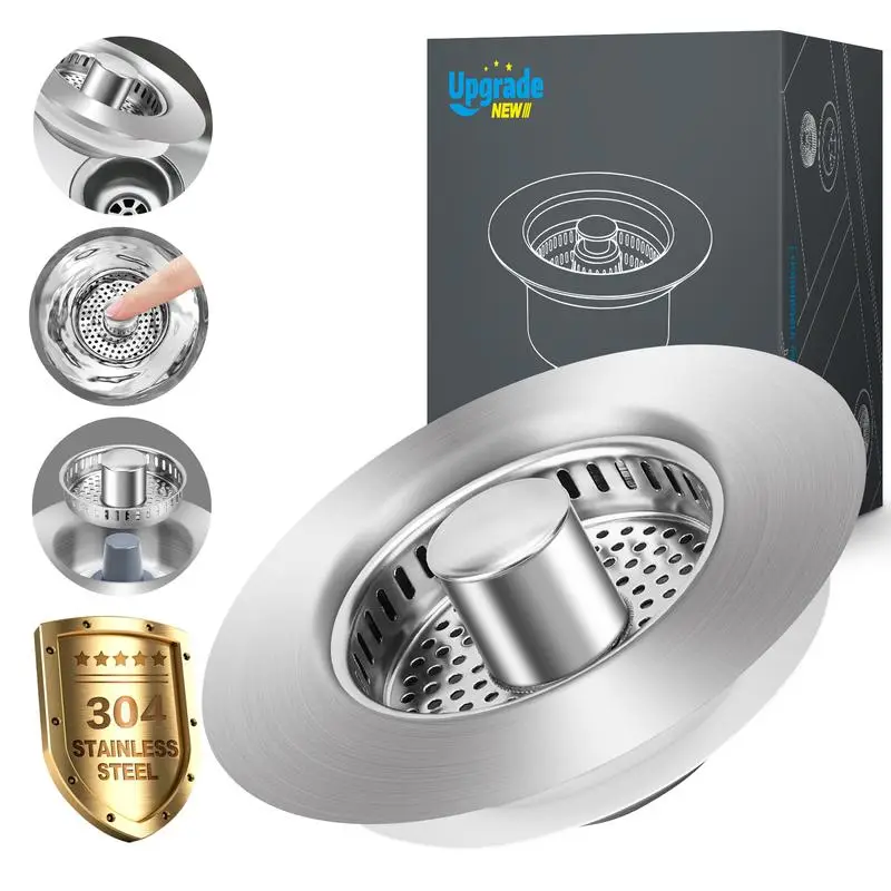 Durable Stainless Steel Sink Strainer & Stopper, 3-in-1 Basket Design, Deodorizing & Anti-Clogging for US Standard 3-1/2 Inch Drains