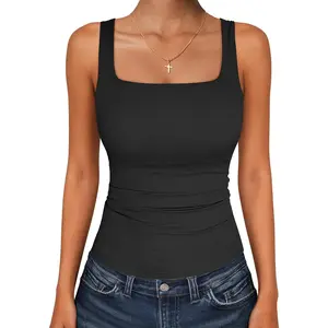 Tank Top for Women Summer 2026 Double Lined Sleeveless Square Neck Basic Tight Workout Tees Shirts Black Small at Amazon Women’s Clothing store Vintage Distressed Washed Monkey Punk Music Note Tunic