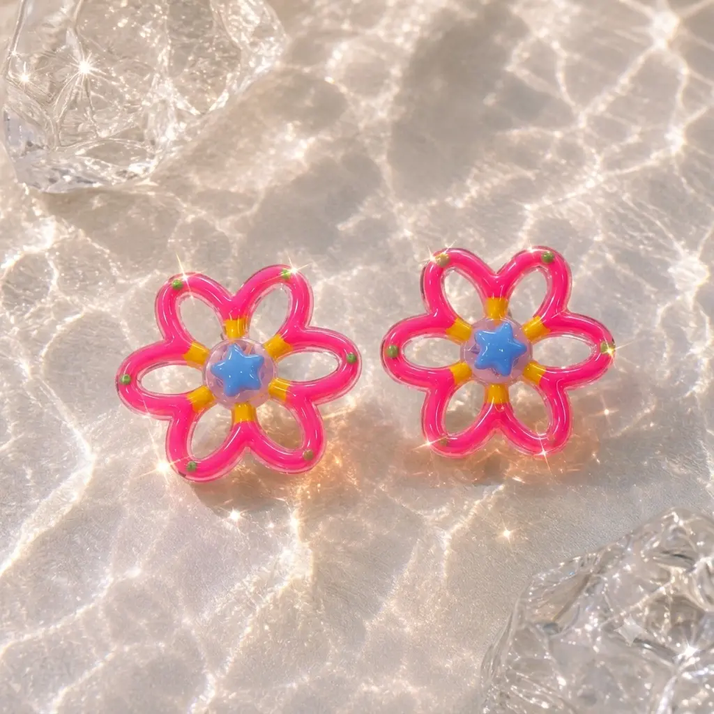 Women's Y2K Pink Daisy Star Stud Earrings - Kawaii Retro Resin Whimsical Aesthetic Adorable Cute Girly Costume Jewelry, 90s Coquette Bubblegum Statement Colorful Accessories, Whimsical Earrings