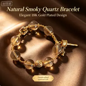Luxury 18K Gold Plated Smoky Quartz Bracelet, Ethnic Tibetan Prayer Wheel Healing Crystal Bracelet for Ladies Yoga Daily Wear