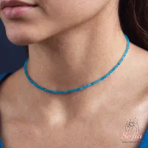 Delicate Apatite Beads Choker Necklace, Tiny Dainty Faceted Gemstone Beaded Necklace, Waterproof Crystal Beaded Choker, Dainty Minimalist Style for Women Handmade Adjustable, gift for her