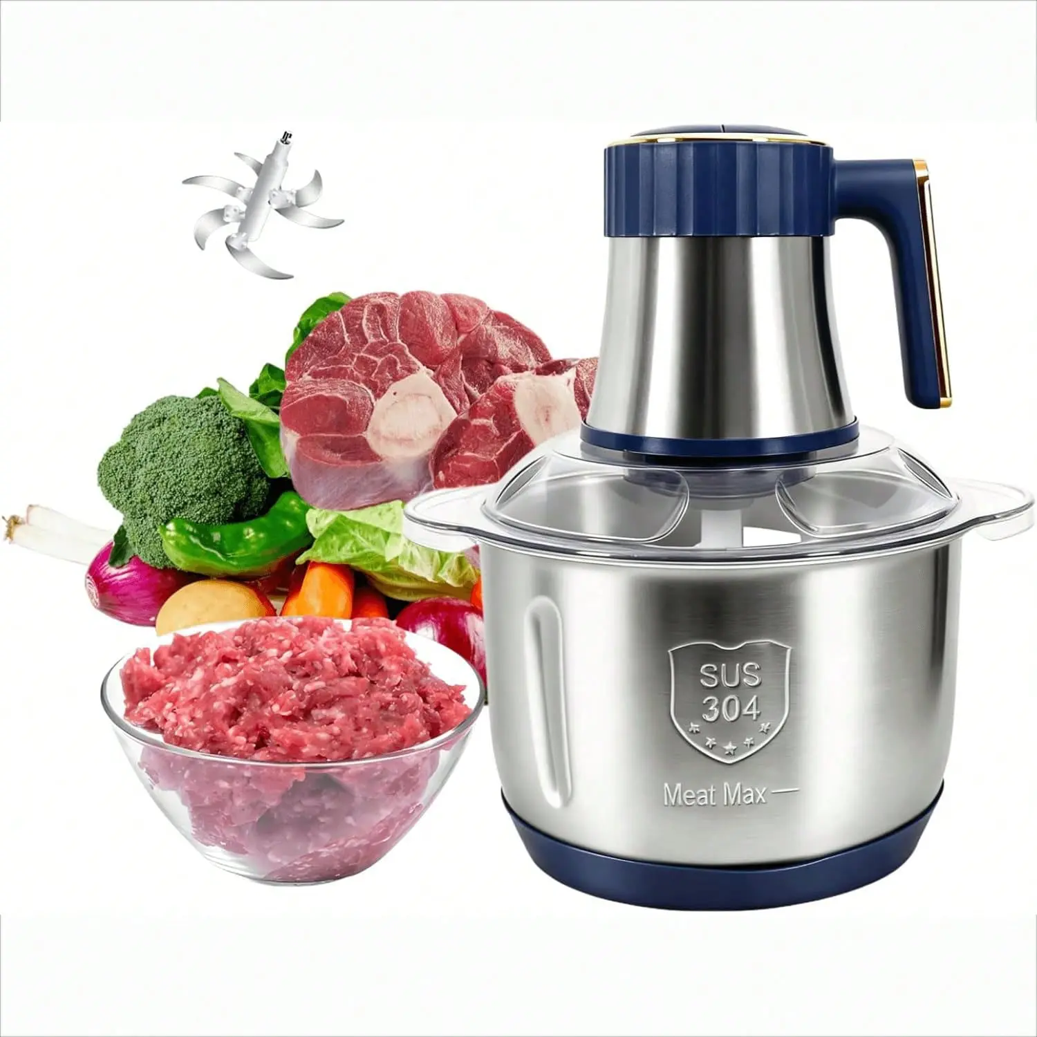 5-Speed Stainless Steel Electric Food Processor-Meet Grinder, 500W Home Kitchen Appliance with 5L (20 Cups) Large Capacity, 2 6-Blade Sets, Push Button, Multi-Use for Dough Mix Ready, Meat Grind Fast, Easy to Clean Prep Tool