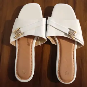 White Leather Slides with Gold Buckle and Comfortable Sole for Women