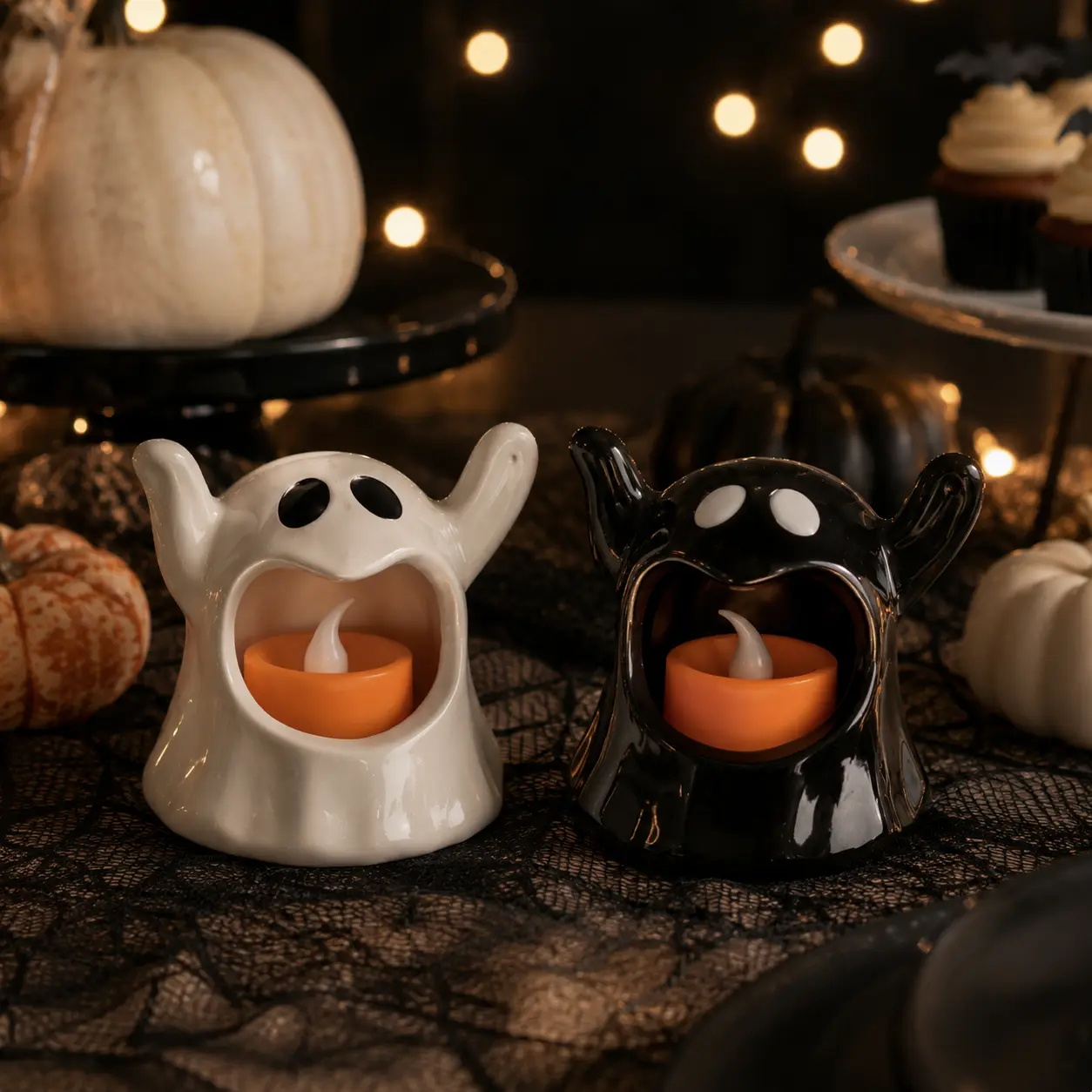 Halloween Ghost LED Tealight Holder, Black or White Spooky Tabletop Decor, Battery Operated Ceramic Candle Lantern, 3 LR1130 Batteries Included