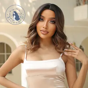 INSTYLE  16 Inch Ombre Black to Brown Wavy Curly  Wig Synthetic Middle Part  Heat Resistant  Wigs Women Daily or Cosplay Use