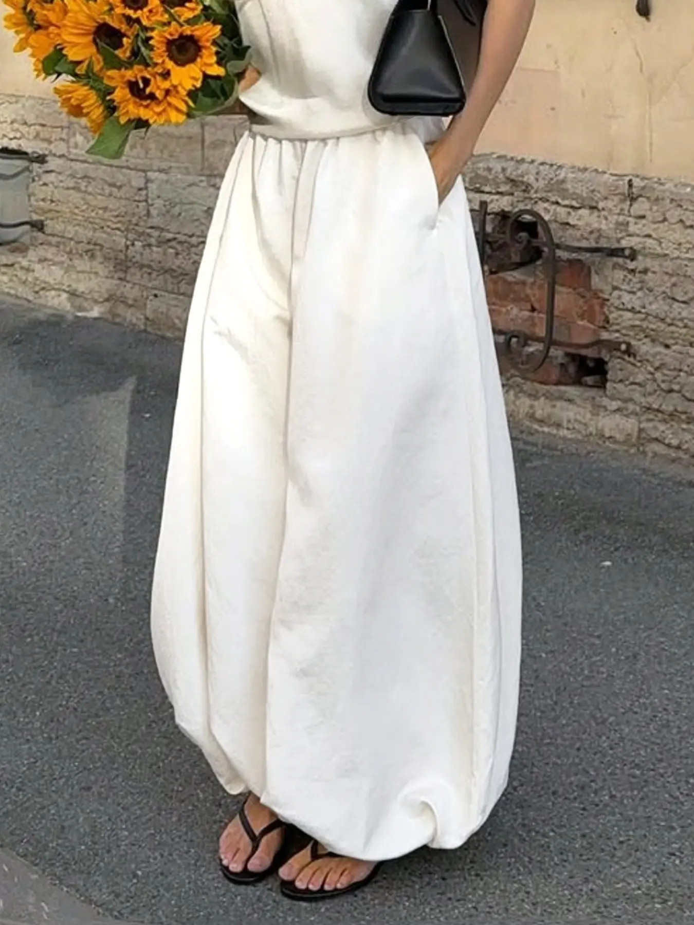 White Wide Leg Pants Women High Waist Loose Fit Flowy Palazzo Trousers Elastic Waist Minimalist Solid Color Casual Summer Bottoms Vacation Outfit Comfortable Chic Streetwear Casual Boho Pants