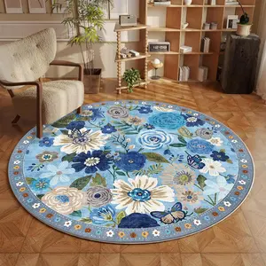 Flower Pattern Round Rug, Non-slip Soft Floor Mat, Decorative Carpet for Home Living Room Bedroom, Home Decor, Boho Floral Rug