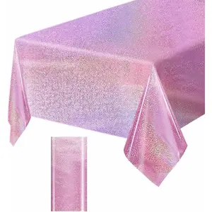 1 Pack Light Pink Iridescent Plastic Tablecloth Disposable 54 × 108 Inch Glitter Holographic Foil Table Cloth Plastic Laser Rectangle Table Cover for Birthday Wedding Disco Party