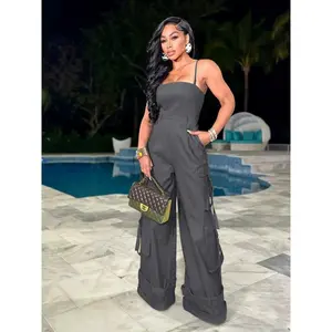 Sexy women’s slim-fit jumpsuit with thin shoulder straps, elegant nightclub casual style, featuring multiple pockets and wide legs; also suitable as work pants. GARMENTARY