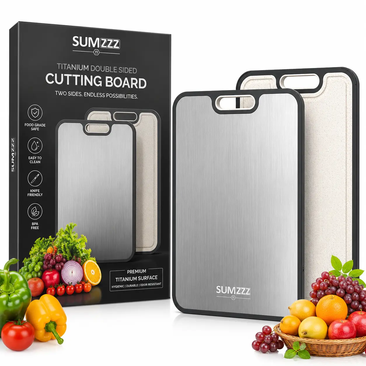 2-in-1 Titanium Cutting Board | Double-Sided Food Grade Titanium & Wheat Straw PP | Dishwasher Safe Kitchen Chopping Board with Juice Groove | Large Non-Porous Prep Board for Meat, Vegetables & Fruit