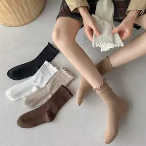 6Pairs Womens Cute Socks Ruffle Ankle Socks Novelty Mid Crew Socks Fancy Lettuce Trim Turn Cuff Casual Socks Pack