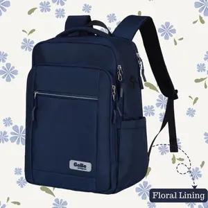 GoBe Backpack Navy/Floral Laptop Sleeve Spacious Middle Compartment Front Accessory Pocket Adjustable Shoulder Straps Slides Over Suitcase Handles Hip Belt Expandable Side Pockets Washable Durable Everyday Use Breathable Mesh Padding