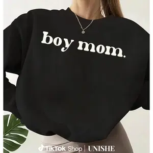 Ladies All Seasons Long Sleeve Sweatshirt with Boy Mom Letter Print, Vintage Casual Style
