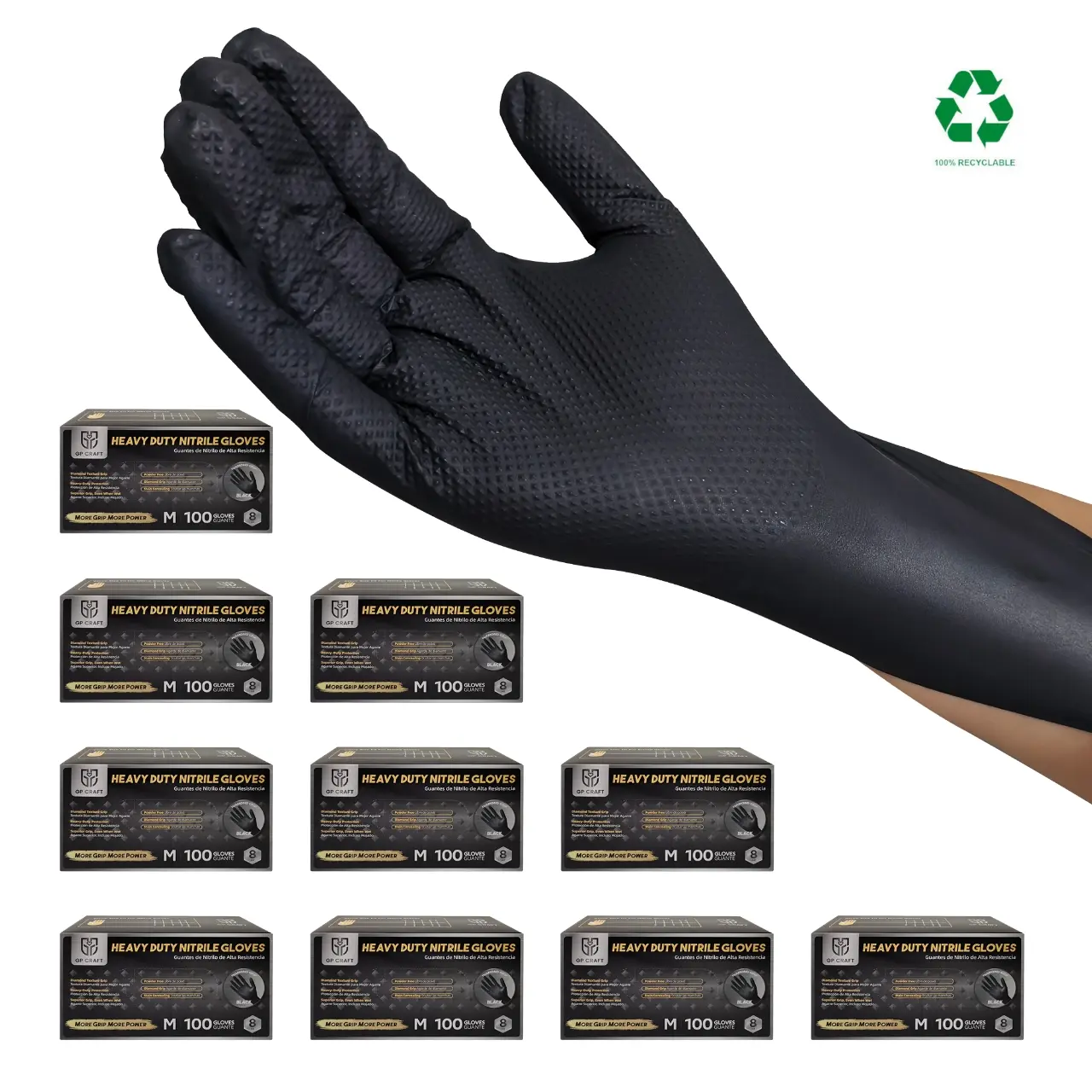 GP Craft 8Mil Diamond Textured Black Nitrile Disposable Gloves, 1000pcs/Case, Home Cleaning Safer Tool, Secure Tool Hold, Automotive Use, Reusable Pet Hair Remover, Home Essentials Hand Cover Box, 100Pcs