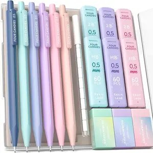Four Candies Mechanical Pencil Set, with 0.5/0.7/0.9/0.5 & 0.7mm Lead Refills (HB & 2B), Pastel Erasers & Eraser Refills,Cute Aesthetic School Supplies for Writing, Drawing, Sketching