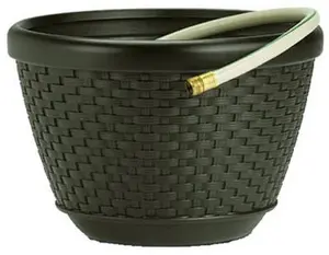 Suncast HPW100 100 ft. Brown Wick Hose Pot, Resin Flower Pot, Wicker Park Planter, Woven Pot