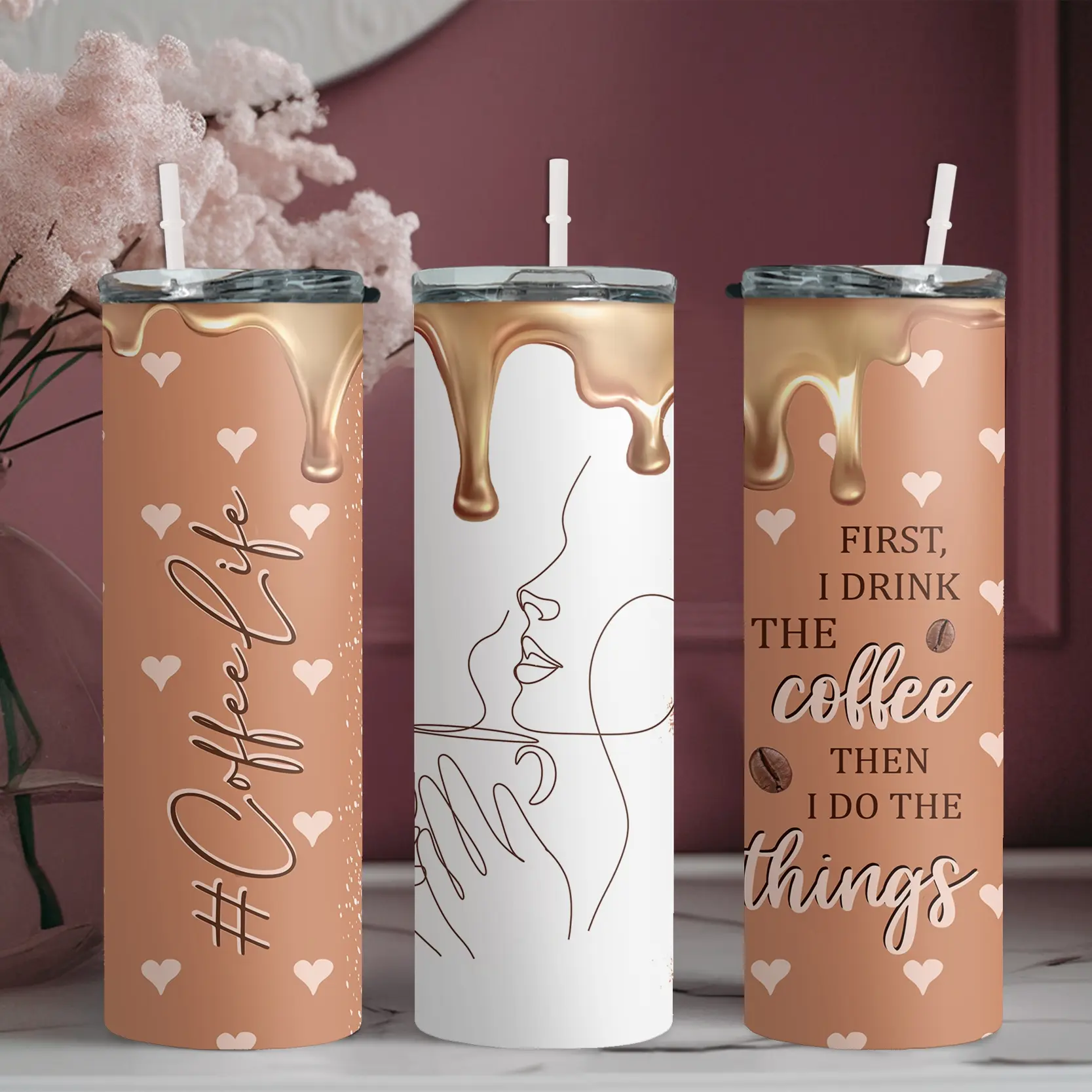 20oz Portable Airtight Stainless Steel Water Bottle with Straw & Lid, Skinny Tumbler with Woman Drinking Coffee Pattern, Suitable for Fitness, Travel, Great Gift for Family | 1pc