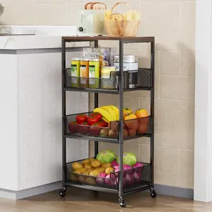 Fruit Basket Kitchen Cart - 4 Tier Rolling Storage Cart with Wheels, Fruit Vegetable Basket with Wooden Top, Pantry Practical Kitchen Organizer Rack for Fruit Potato Onion Vegetable Bread Snacks Smooth