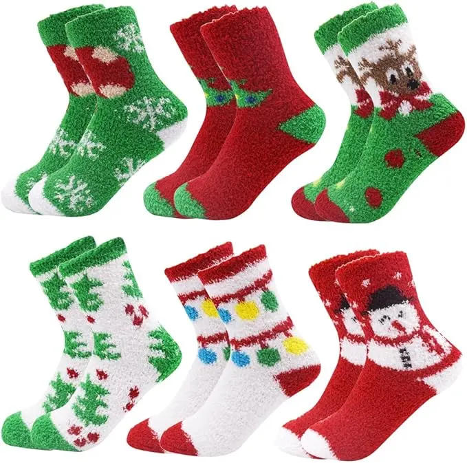 Christmas Fuzzy Crew Socks – 6 Pair Soft Winter Socks for Adults with Grip Soles
