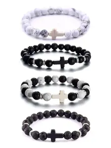 Cross Beads Bracelet for Men & Women, 8mm Lava Rock Turquoise Tiger Eye, Elastic Healing Jewelry, Lucky Charm Accessories, Religious Jewelry Gift