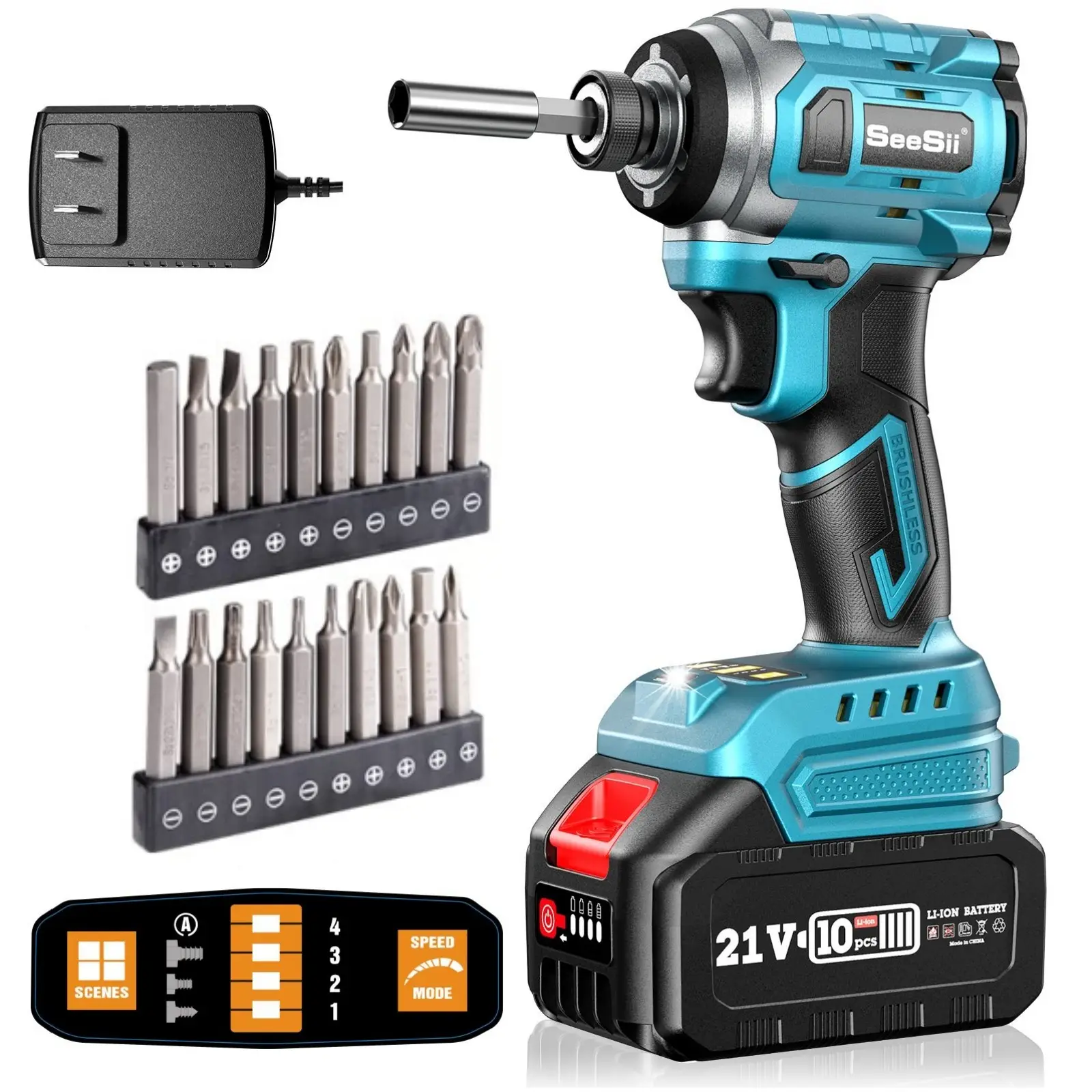 Seesii Impact Driver Kit, 21V Max Torque 220N.m, 1/4" Hex Chuck Power Impact Drill with Variable Speed, Cordless Impact Driver Set with One Big Batter