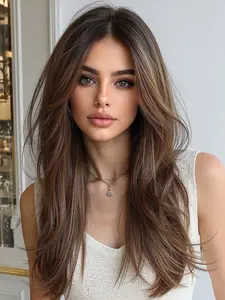 Topshe 13x6 HD Lace Front Wig, Shoulder Length Layered Ombre Straight Hair, Pre-Bleached No Glue, Medium Length Wigs with Bangs, Lace Glueless Wig