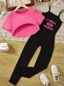 Girls Short Sleeve Hoodie & Letter Romper Set, Chest Print 'los Angeles 1986 Houston', Casual Summer for Weekend Outings, Casual Outfit Set