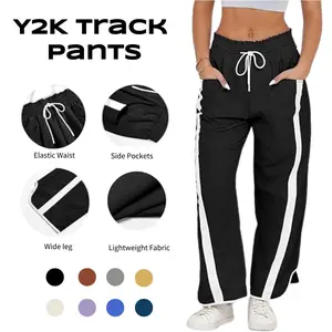 Women's Baggy Wide Leg High Rise Elastic Waist Workout Parachute Pants Beige Wideleg Casual Drawstring Y2K Track Bottom