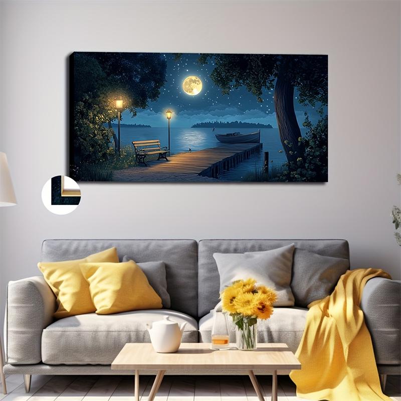 Wooden Framed Canvas Painting Large-sized framed canvas wall art, real and peaceful ship shore landscape painting, living room, bedroom, office, wedding and event decoration ocean-themed hanging painting, Wrapped in canvas