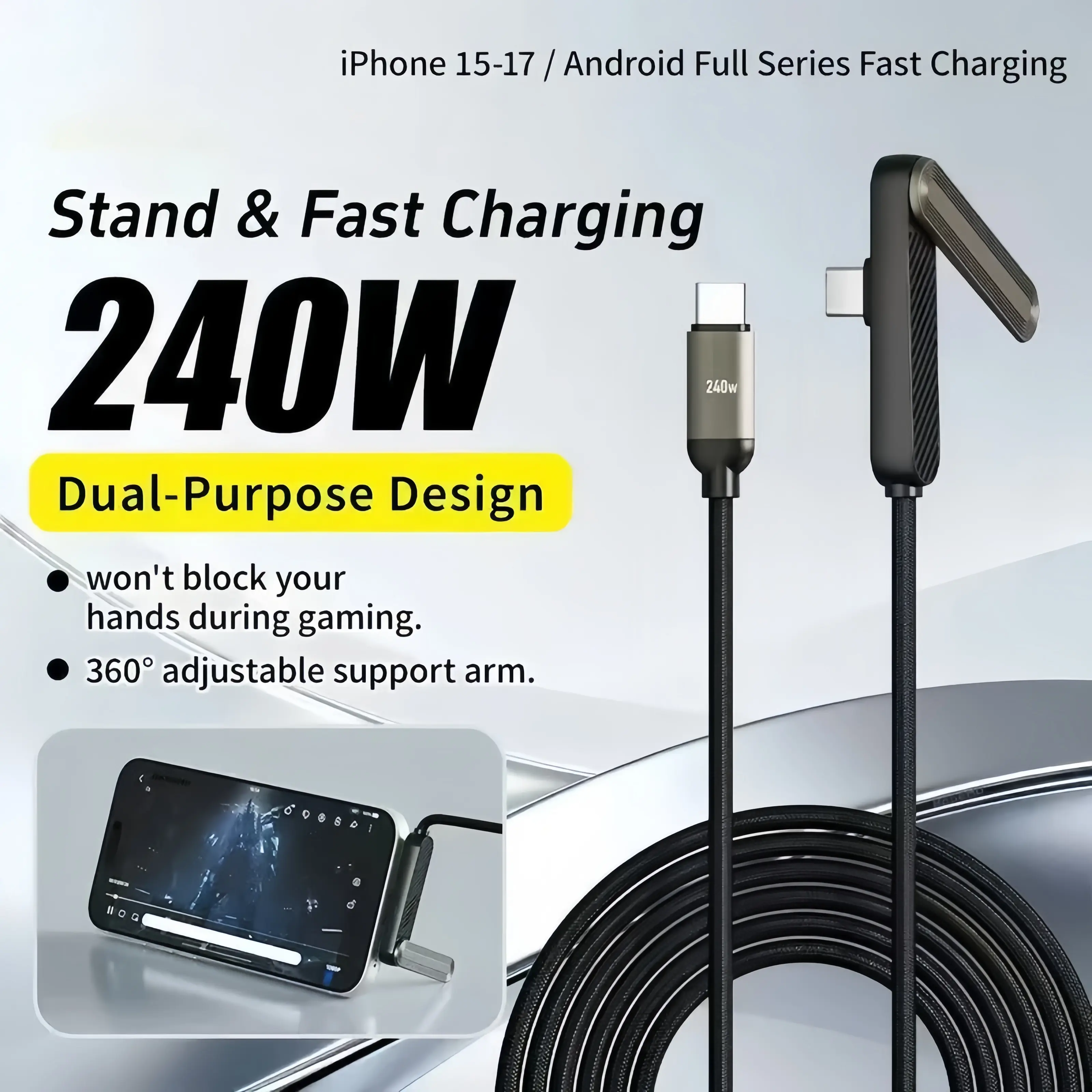 240W Single-Sided Bracket Data Cable, Super Fast Charging Cable Compatible with iPhone17 and Android Devices, Yes