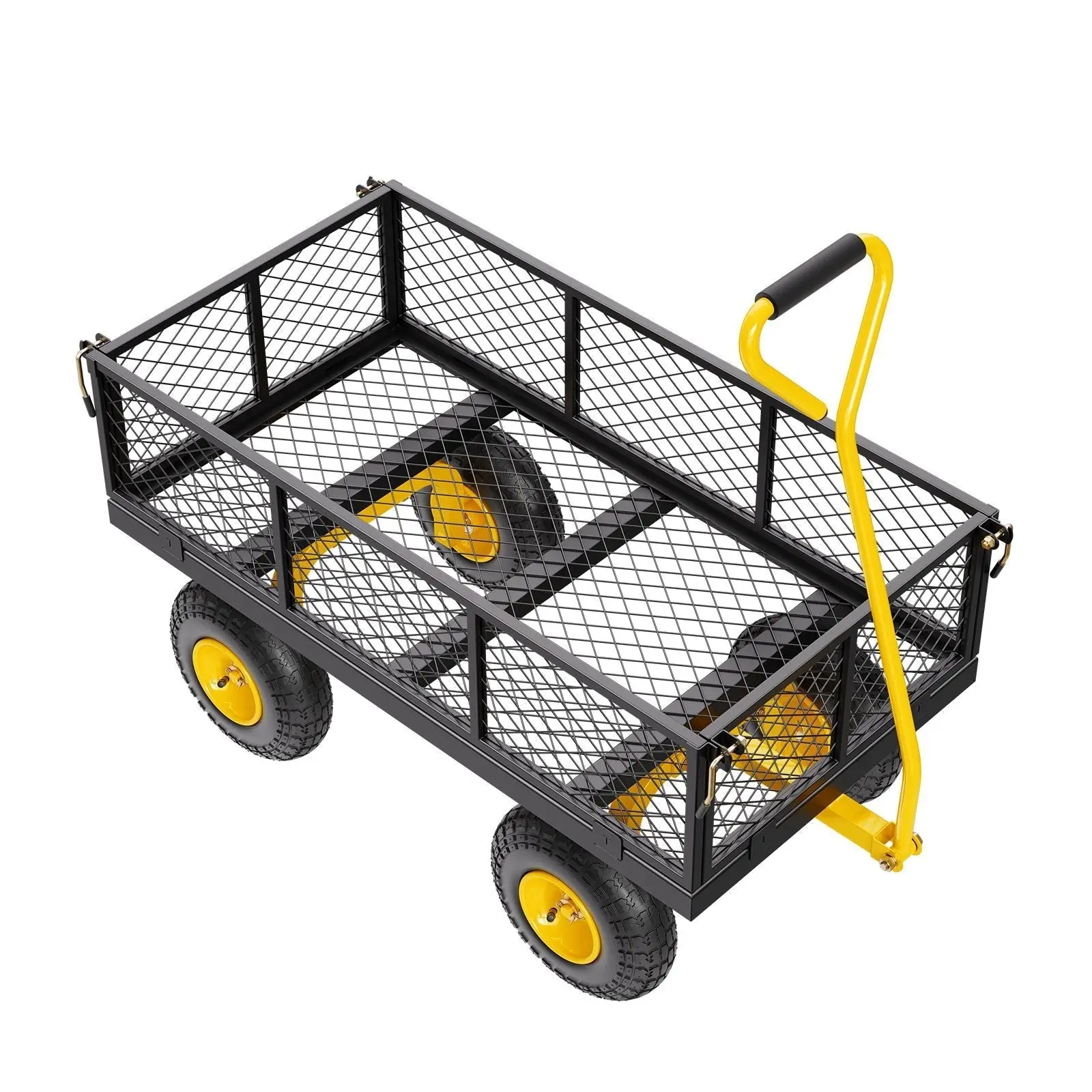 900 Lbs Heavy Duty Steel Outdoor Load Transport Cart with 10" Tires, Removable Mesh Sides, Convertible Flatbed Design, and 180° Rotating Handle