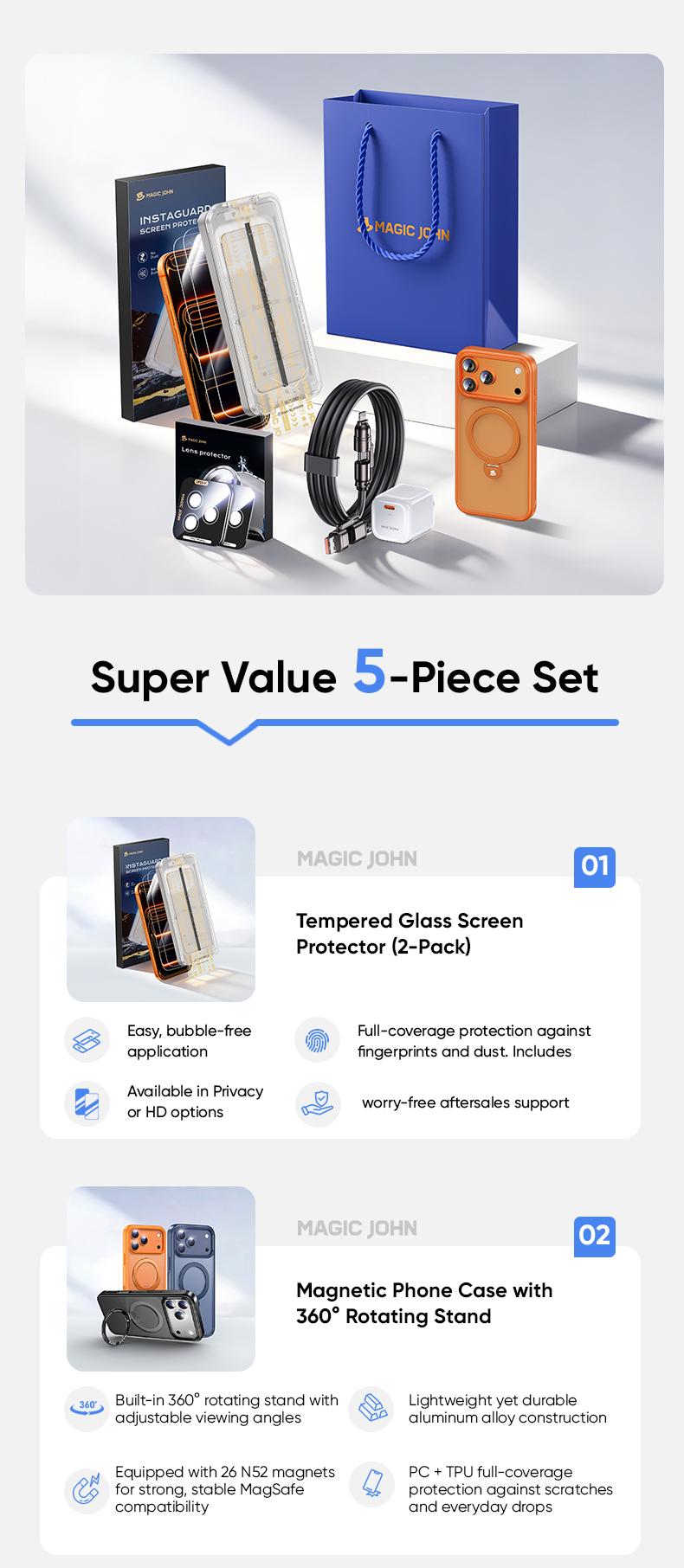 MAGICJOHN Digital Value Bundle for iPhone17/16/15Pro&Pro Max Includes HD or Privacy Tempered Glass Screen Protector, Camera Lens Protector, 360° Rotating Magnetic Stand Phone Case, 45W Super Fast Charger, and 65W USB-C 4-in-1 Charging Cable fathersdaygift