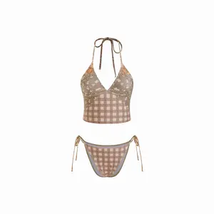 Cider Halter Neckline Floral Gingham Patchwork Bikini Set