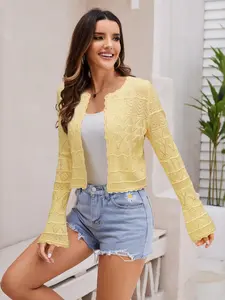 Fairy Season Women's Cropped Cardigan Sweater Bell Long Sleeve Crew Neck Lightweight Crochet Button Down Knit Bolero Shrugs