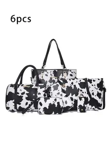 6pcs Ladies' bag set, fashionable cow pattern casual retro elegant versatile 6-piece set, shoulder bag, Boston bag, handbag, wallet, key bag, wrist bag, suitable for various occasions, daily travel, gift giving, versatile