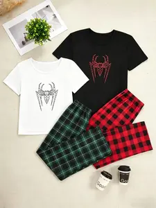 Spider-Man Print Pajama Set, Summer Plaid Short Sleeve Long Pants, Loose-Fit Casual Sleepwear, Breathable Comfort for All Seasons