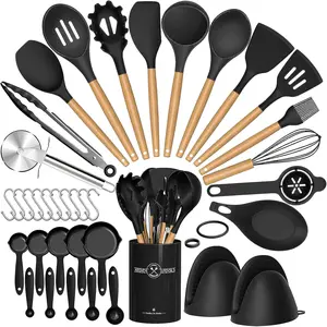 36pcs Silicone Kitchen Cooking Utensils with Holder, Heat Resistant Cooking Utensils Sets Wooden Handle, Nonstick Kitchen Gadgets Tools Include Spatula Spoons Turner Pizza Cutter(Black)