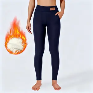 Warm Long Fleece Lined High Waisted Leggings Casual Elastic Pocket Pants Sporty Style All Seasons Plain Pattern Minimalist Womenswear