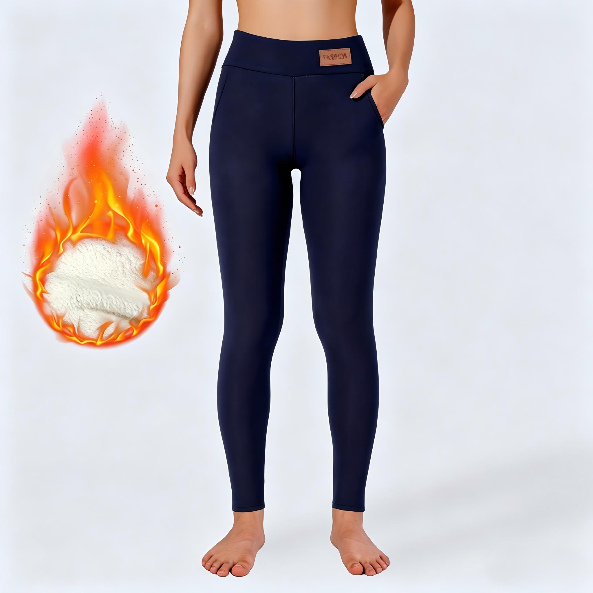 Warm Long Fleece Lined High Waisted Leggings Casual Elastic Pocket Pants Sporty Style All Seasons Plain Pattern Minimalist Womenswear