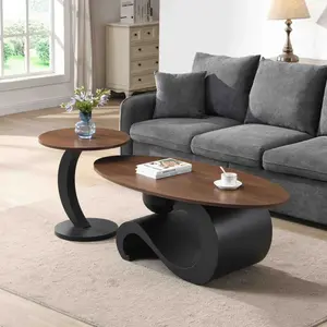 Black Nesting Coffee Table Set of 2, Oral Center Table and Round End Table Set, for Living Room, Large 47.24'', Small 19.69''