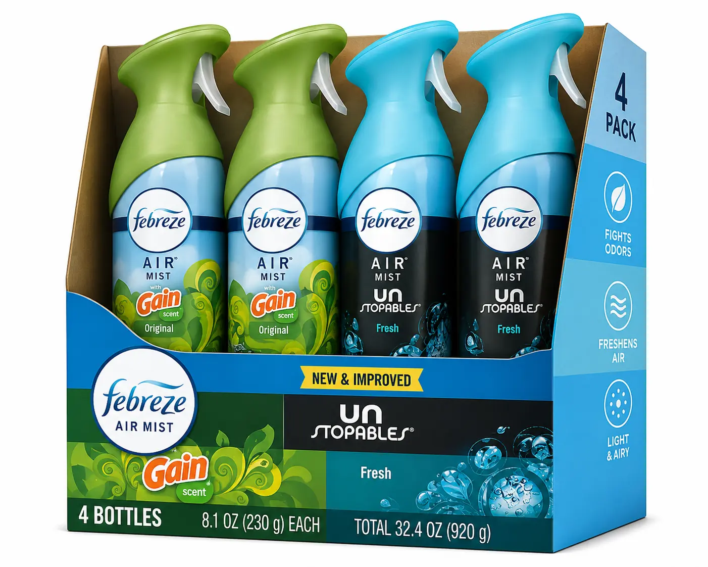 Febreze Air Mist Variety Pack, 4 Pack (4 x 8.1 oz Aerosol Cans) – Gain Original & Unstopables Fresh Air Freshener Spray, Fights Odors