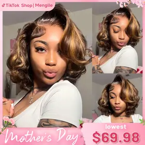 Menglle Side Part Honey Blonde Highlight 7x6 Pre Cut Lace Bouncy Body Wave Bob Wig Human Hair Wigs Natural And Voluminous#Summervibes#TikTokShopStockUp