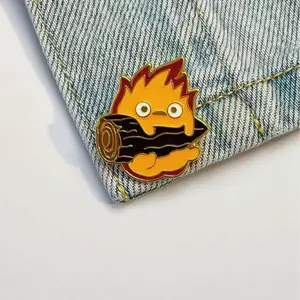 Cute Metal Enamel Pin Calcifer on a log