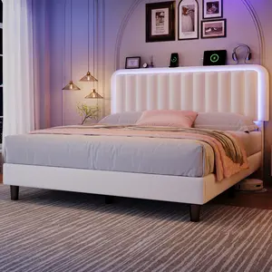 【 LED 】 Bed Frame with USB Charging Station App Controlled Adjustable Headboard Lighting Modern Upholstered Platform No Noise No Box Spring Bedroom Furniture Gift