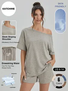 Katch Me Women's Casual Solid Color Sloping Shoulder Short Sleeve Top & Shorts Co-ord, Breathable Skin-Friendly Loose Two Piece Sets, Durable Anti-Pilling Daily Outfit