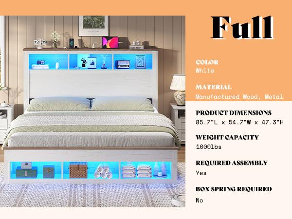 AMERLIFE Bed Frame with Bookcase Storage Headboard and Footboard, LED Platform Bed with Charging Station, No Box Spring Needed, Noise Free/Best Gift Ideas/Christmas Gifts